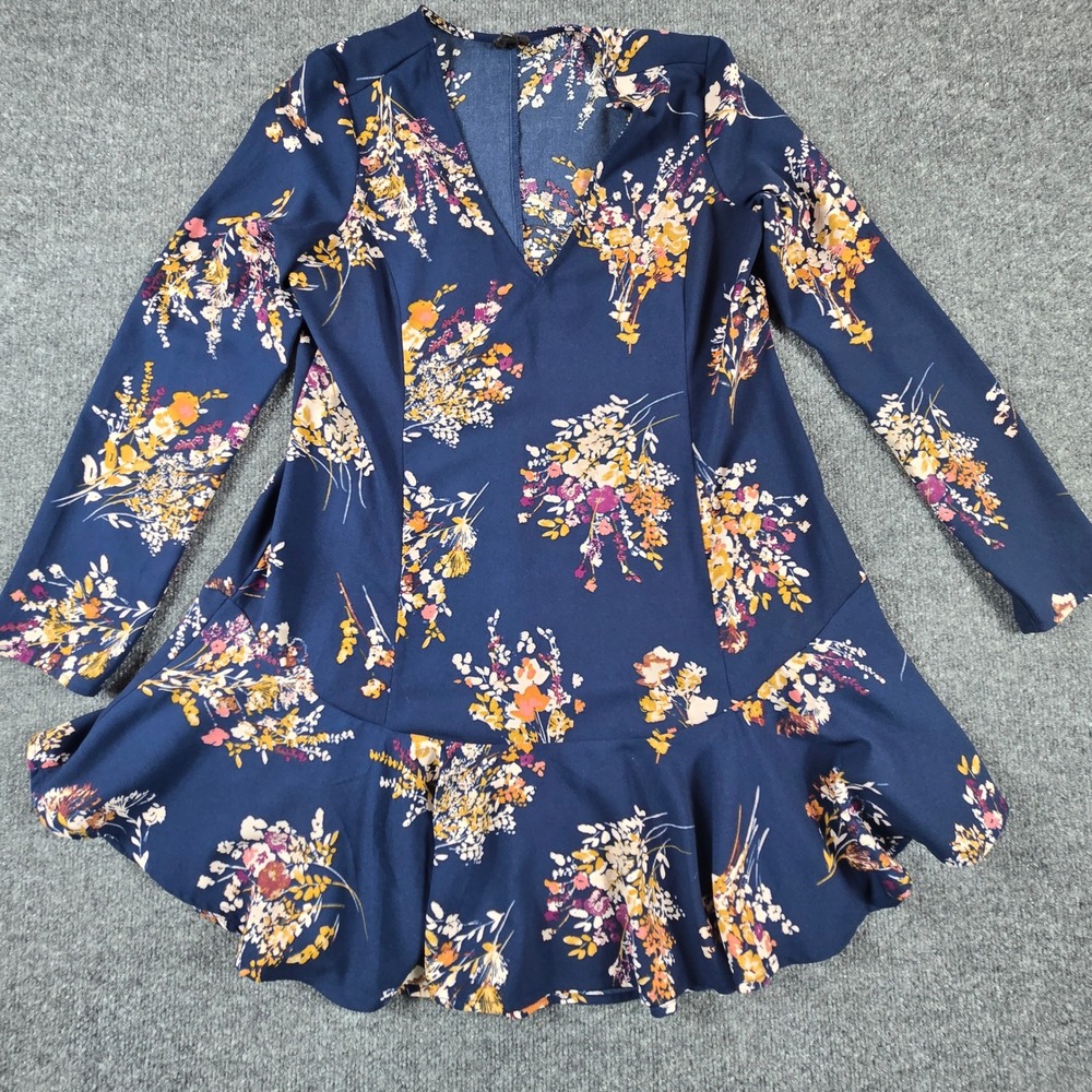Free Press Floral Mini Dress Womens Medium Blue boho  V-Neck Ruffle Hem
